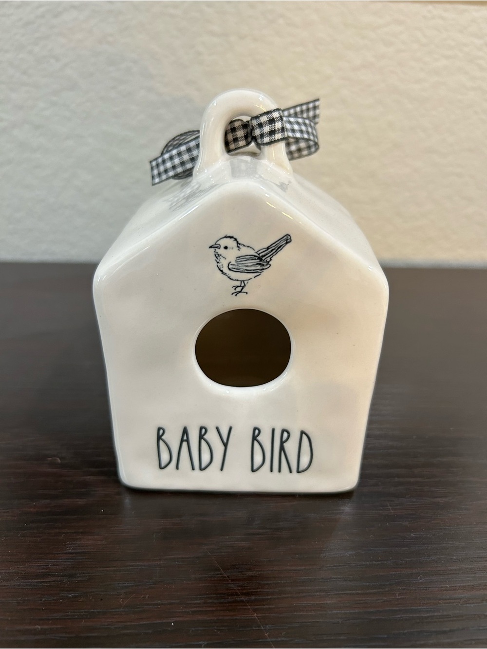 Rae Dunn White Ceramic 'Baby Bird' Hanging Birdhouse with Black Gingham Ribbon